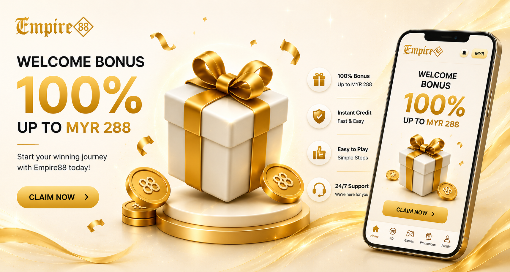 Empire88 Welcome Bonus — 100% up to MYR 288. Claim now.
